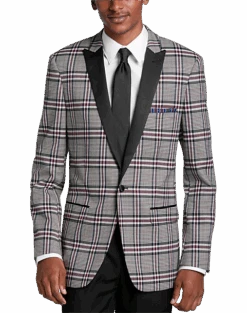 Paisley & Gray Slim Fit Dinner Jacket, Gray And Berry Plaid