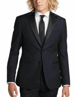Egara Slim Fit Satin Peak Lapel Dinner Jacket, Dark Blue Patterned