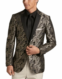 Mens Dress Shirts Store 25 Paisley & Gray Slim Fit Dinner Jacket, Brown & Gold Jacquard