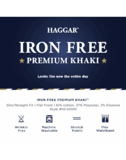Haggar Iron-Free Premium Khaki™ Slim/Straight Fit Flat-Front Pants, Indigo 7 Haggar Iron-Free Premium Khaki™ Slim/Straight Fit Flat-Front Pants, Indigo -Mens Dress Shirts Store MW40 235T 07 HAGGAR INDIGO ALT3 2