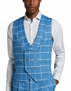 Tayion Classic Fit Suit Separates Double Breasted Vest, Blue & Cream Windowpane Plaid
