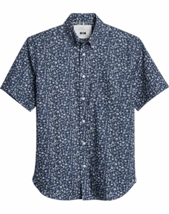 Joseph Abboud Modern Fit Short Sleeve Sport Shirt, Navy Fossil Leaf