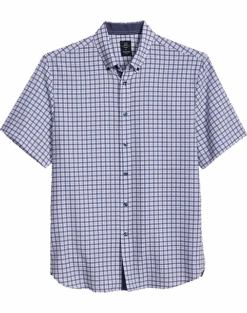 Michael Strahan Modern Fit 4-Way Stretch Short Sleeve Sport Shirt, Blue & White Check