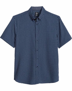 Michael Strahan Modern Fit 4-Way Stretch Short Sleeve Sport Shirt, Navy Square Check