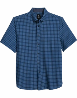 Michael Strahan Modern Fit 4-Way Stretch Short Sleeve Sport Shirt, Blue Check