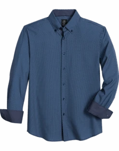 Michael Strahan Modern Fit Button-Down Collar Four-Way Stretch Sport Shirt, Navy Mesh Netting Print