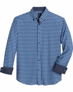 Michael Strahan Modern Fit Button-Down Collar Four-Way Stretch Sport Shirt, Medium Blue Geo Check