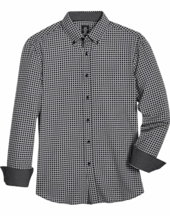 Michael Strahan Modern Fit Four-Way Stretch Sport Shirt, Black Grid