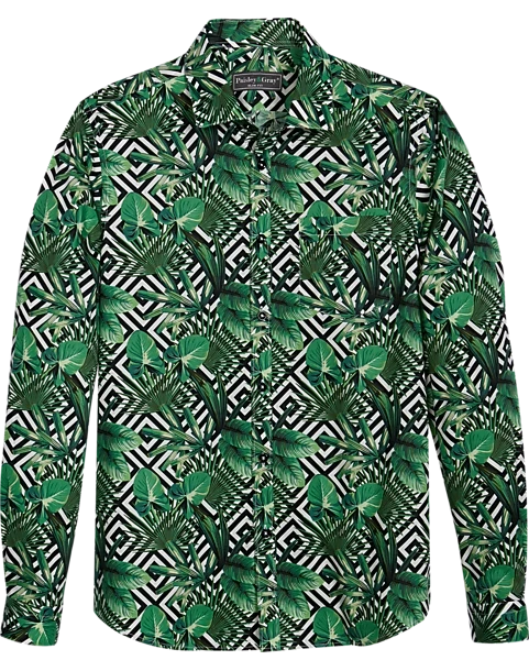 Paisley & Gray Slim Fit Spread Collar Sport Shirt, Green Italian Palm Print 1 Paisley & Gray Slim Fit Spread Collar Sport Shirt, Green Italian Palm Print