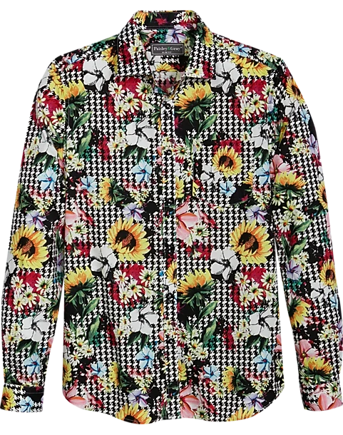 Paisley & Gray Slim Fit Spread Collar Sport Shirt, Black Houndstooth Floral 1 Paisley & Gray Slim Fit Spread Collar Sport Shirt, Black Houndstooth Floral