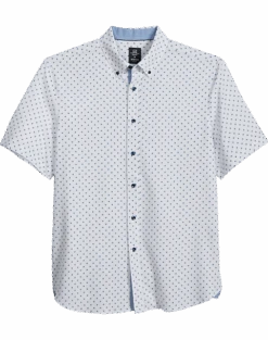 Michael Strahan Modern Fit 4-Way Stretch Short Sleeve Sport Shirt, White & Blue Dot