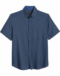 Michael Strahan Modern Fit 4-Way Stretch Short Sleeve Sport Shirt, Blue Geo Grid