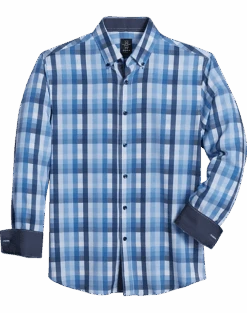 Michael Strahan Modern Fit Button-Down Collar 4-Way Stretch Sport Shirt, Blue Check