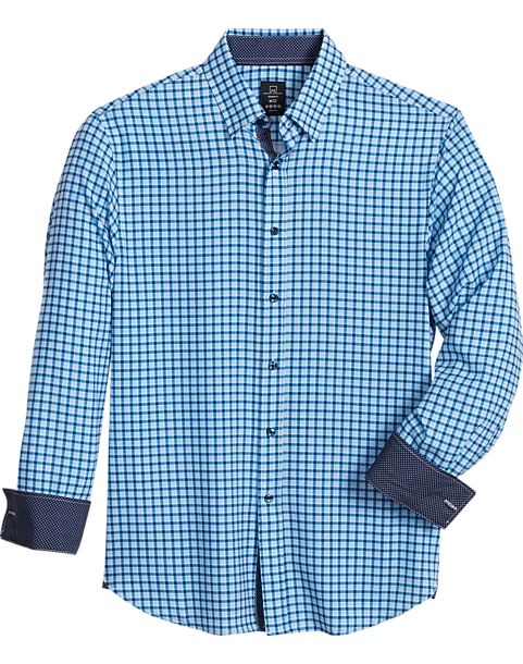 Michael Strahan Modern Fit Spread Collar 4-Way Stretch Sport Shirt, Blue Mini Plaid 1 Michael Strahan Modern Fit Spread Collar 4-Way Stretch Sport Shirt, Blue Mini Plaid