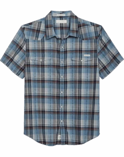 Lucky Brand Classic Fit Short Sleeve Western Sport Shirt, Blue Plaid