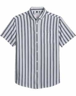Report Collection Modern Fit Four-Way Stretch Short Sleeve Sport Shirt, Black & White Stripe