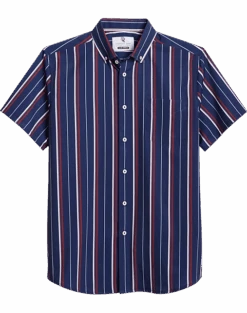 Report Collection Modern Fit Four-Way Stretch Short Sleeve Sport Shirt, Navy Stripe