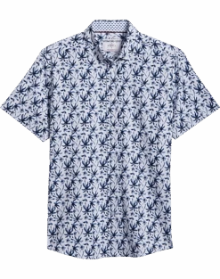 Report Collection Modern Fit Four-Way Stretch Short Sleeve Sport Shirt, Dark Blue Palm Tree